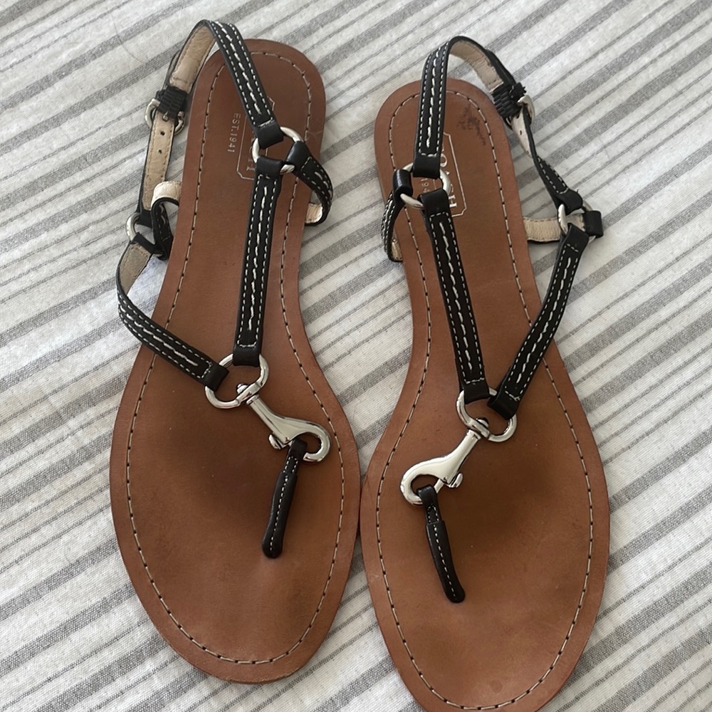 Black leather coach sandals with silver hardware Dash size 8 1/2
